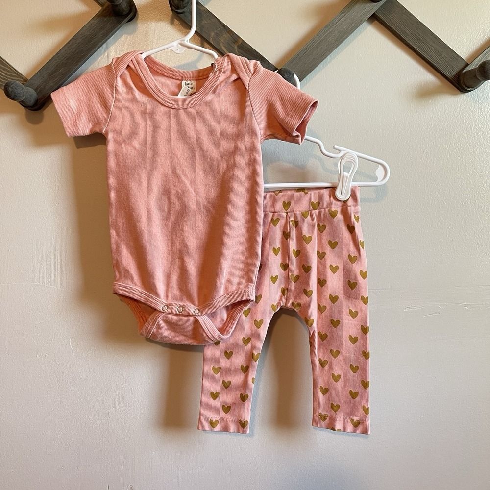 Kate Quinn 2 pc Gold Hearts on Peach Bodysuit & Pants | Organic Cotton | 12-18m